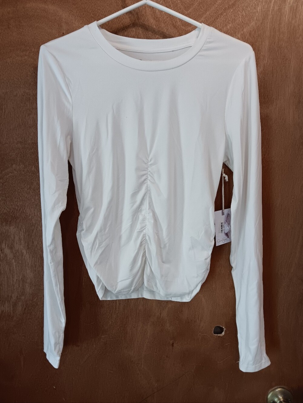 Jessica Simpson White Long-Sleeve Ruched Front Tee